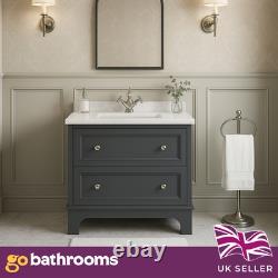 Dark Grey Bathroom Vanity Unit with White Quartz Worktop 2 Drawer Storage 800mm