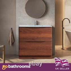 Dark Wood Floor Standing Vanity Unit White Glass Basin Bathroom Cabinet 900mm