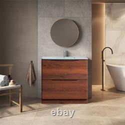 Dark Wood Floor Standing Vanity Unit White Glass Basin Bathroom Cabinet 900mm