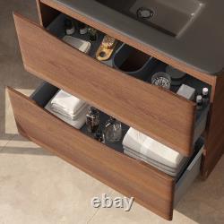 Dark Wood Floor Standing Vanity Unit White Glass Basin Bathroom Cabinet 900mm
