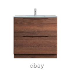 Dark Wood Floor Standing Vanity Unit White Glass Basin Bathroom Cabinet 900mm
