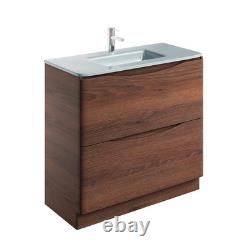 Dark Wood Floor Standing Vanity Unit White Glass Basin Bathroom Cabinet 900mm