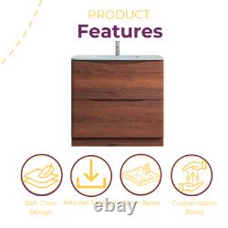 Dark Wood Floor Standing Vanity Unit White Glass Basin Bathroom Cabinet 900mm