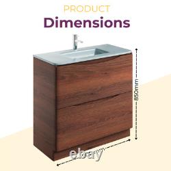 Dark Wood Floor Standing Vanity Unit White Glass Basin Bathroom Cabinet 900mm