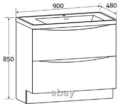 Dark Wood Floor Standing Vanity Unit White Glass Basin Bathroom Cabinet 900mm