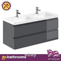 Double Grey Gloss Bathroom Sink Unit 1200 Gloss Wall Hung Vanity Unit 120x50cm
