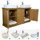 Double Vanity Unit Solid Oak Bathroom Cabinet Twin Ceramic Basin Sink Taps Set
