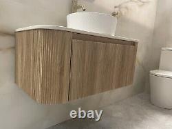 EX Display Fluted Oak Bathroom Vanity Unit With LED Mirror, Basin, Tap, Worktop