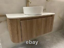 EX Display Fluted Oak Bathroom Vanity Unit With LED Mirror, Basin, Tap, Worktop