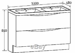 Eaton Gloss White Bathroom Standing Double Vanity Unit 120cm Glass Basin Sink