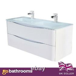 Eaton Gloss White Bathroom Storage Wall Hung Double Glass Sink Vanity Unit 120cm