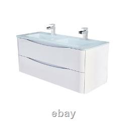 Eaton Gloss White Bathroom Storage Wall Hung Double Glass Sink Vanity Unit 120cm