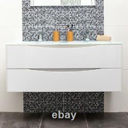 Eaton Gloss White Bathroom Storage Wall Hung Double Glass Sink Vanity Unit 120cm