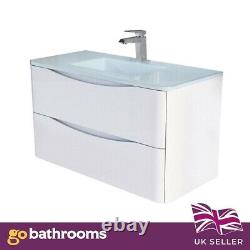 Eaton Gloss White Bathroom Storage Wall Hung Vanity Unit Glass Basin Sink 90cm