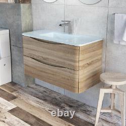 Eaton Light Ash Bathroom Wall Hung Vanity Unit White Glass Basin Sink 90cm
