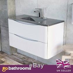 Eaton White Bathroom Wall Hung Vanity Unit Anthracite Glass Sink Basin 90cm