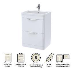 Floor Standing 2 Drawer Vanity Unit with Ceramic Basin 600mm Gloss White