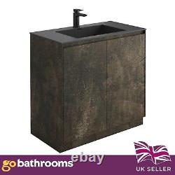 Floor Standing Brown Bathroom Sink Vanity Unit Storage & Matt Black Sink 900mm