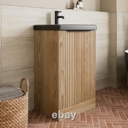 Fluted 500mm Wood Floorstanding Vanity Unit Black Basin Soft Close Doors