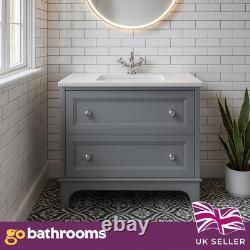 Grey Bathroom Vanity Unit with White Quartz Worktop 2 Drawer Storage 1000mm