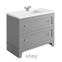 Grey Bathroom Vanity Unit with White Quartz Worktop 2 Drawer Storage 1000mm