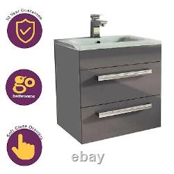 Grey Floating Vanity Unit with Opal Glass Basin 515mm Bathroom Sink & 2 Drawers