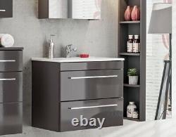 Grey Gloss Bathroom 600mm Vanity Sink Basin Wall Hung Cabinet Drawers Unit Twist