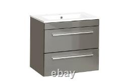 Grey Gloss Bathroom 600mm Vanity Sink Basin Wall Hung Cabinet Drawers Unit Twist