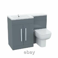 Grey Gloss LH Vanity Cabinet Basin Sink 1100mm and BTW WC Toilet Aron