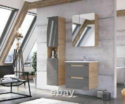 Grey Gloss & Oak Bathroom Furniture Set 600 Vanity Sink Unit Wall Cabinet Arub