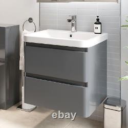 Grey Gloss Wall Hung Vanity Unit & Basin 600mm Width Modern Bathroom Storage