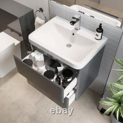 Grey Gloss Wall Hung Vanity Unit & Basin 600mm Width Modern Bathroom Storage
