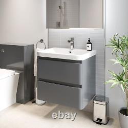 Grey Gloss Wall Hung Vanity Unit & Basin 600mm Width Modern Bathroom Storage