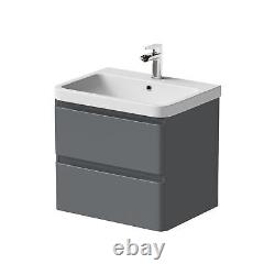 Grey Gloss Wall Hung Vanity Unit & Basin 600mm Width Modern Bathroom Storage