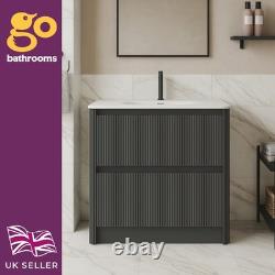 Grey Ribbed Vanity Unit Textured 2 Drawer Floor Standing 1000mm White Basin