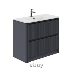 Grey Ribbed Vanity Unit Textured 2 Drawer Floor Standing 1000mm White Basin