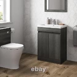 Grey Wood Freestanding Vanity Unit with Basin 600mm Doors Modern Bathroom