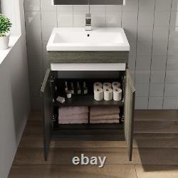 Grey Wood Freestanding Vanity Unit with Basin 600mm Doors Modern Bathroom