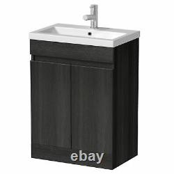 Grey Wood Freestanding Vanity Unit with Basin 600mm Doors Modern Bathroom