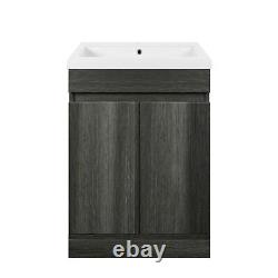 Grey Wood Freestanding Vanity Unit with Basin 600mm Doors Modern Bathroom