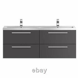 Hudson Reed Quartet Double Vanity Unit with Basin 1440mm Wall Mounted Gloss Grey