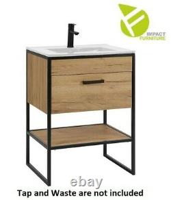 Industrial Loft Black Steel Oak 60cm Bathroom Vanity Cabinet Unit Sink 600 Brook