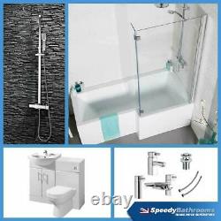 L Shaped Bathroom Suite 1700 Bath 550 Vanity Unit BTW Toilet WC Taps & Shower