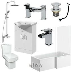 L Shaped Bathroom Suite LH/RH Bath Screen Basin Vanity Unit Toilet Shower Taps
