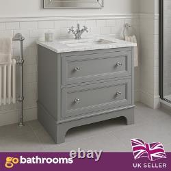 Light Grey Vanity Unit Classic 800mm Unit & Marble Top 2 Drawer Bathroom Storage
