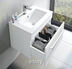 Luxury Bathroom 600mm White Wall Hung Vanity Unit + Ceramic Basin + 1 Drawer L2
