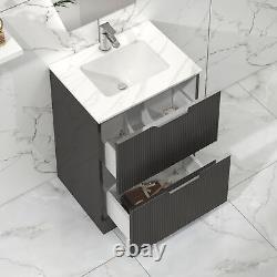 Lyon 600mm Gloss Anthracite Floor Standing Vanity Unit 2 Drawer Carrara Marble T
