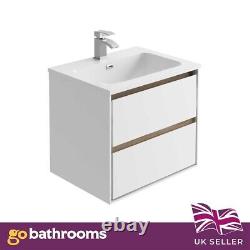 Matt White & Oak Effect Bathroom Wall Hung Vanity Sink Unit Resin Basin 60cm