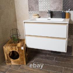 Matt White & Oak Effect Bathroom Wall Hung Vanity Sink Unit Resin Basin 60cm