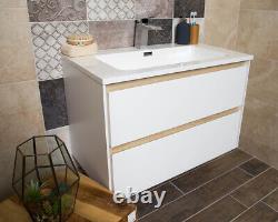 Matt White & Oak Effect Bathroom Wall Hung Vanity Sink Unit Resin Basin 60cm